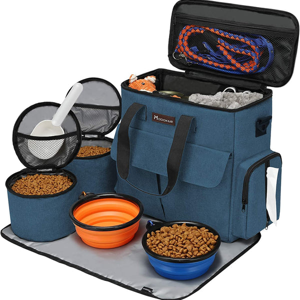 Dog Travel Bag, Weekend Pet Travel Set for Dog and Cat, Airline Approved Tote Organizer with Multi-Function Pockets, 2 Food Storage Containers, 2 Collapsible Bowls, 1 Feeding Mat (Blue)