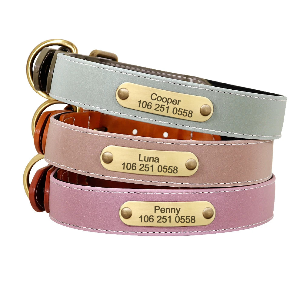 Engraved Dog Cat Collar Reflective Leather Puppy Collar Custom Dog Cats Collars Personalized for Small Medium Large Dog Bulldog