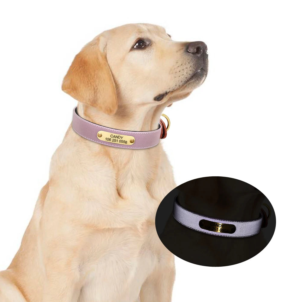 Engraved Dog Cat Collar Reflective Leather Puppy Collar Custom Dog Cats Collars Personalized for Small Medium Large Dog Bulldog