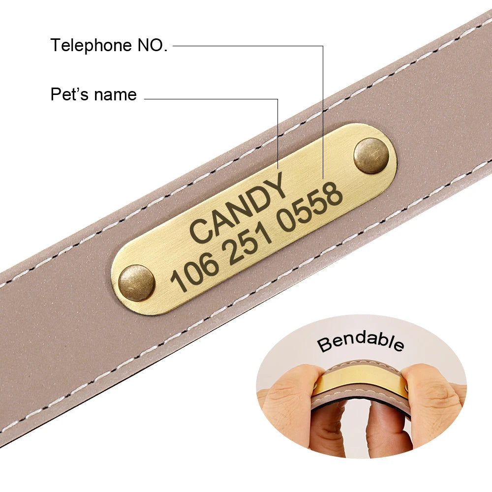 Engraved Dog Cat Collar Reflective Leather Puppy Collar Custom Dog Cats Collars Personalized for Small Medium Large Dog Bulldog