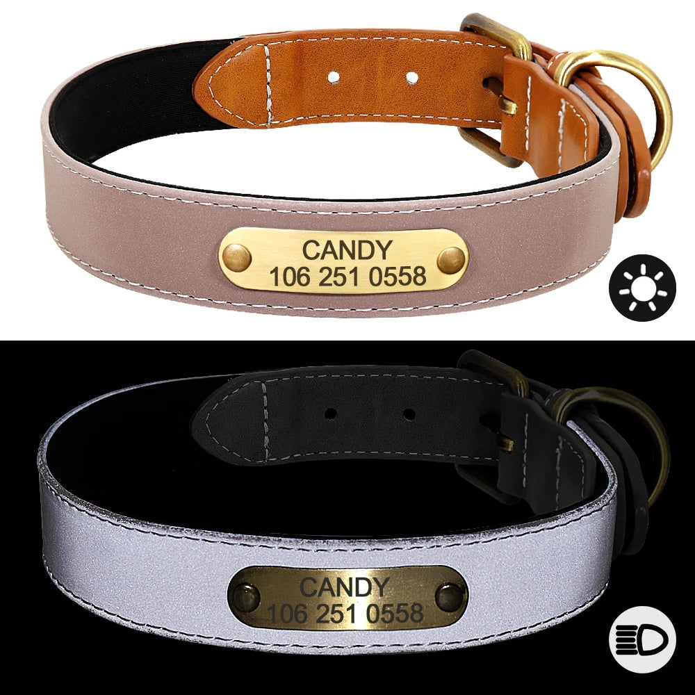 Engraved Dog Cat Collar Reflective Leather Puppy Collar Custom Dog Cats Collars Personalized for Small Medium Large Dog Bulldog