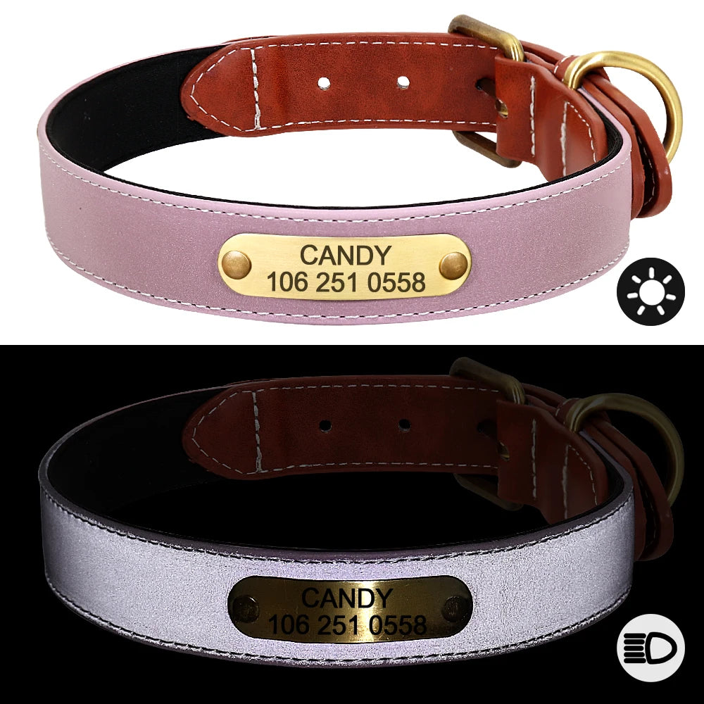 Engraved Dog Cat Collar Reflective Leather Puppy Collar Custom Dog Cats Collars Personalized for Small Medium Large Dog Bulldog