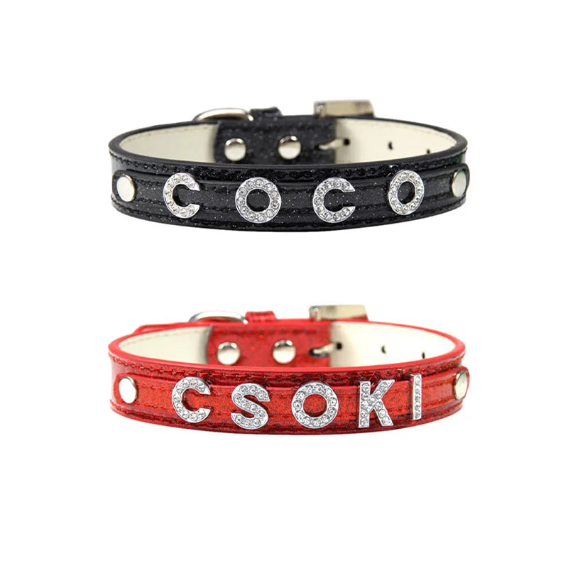 Personalized Dog Collar Bling Rhinestone DIY Names Puppy Cat Leather Collars Small Large Dog Necklace Free Name Pet Accessories