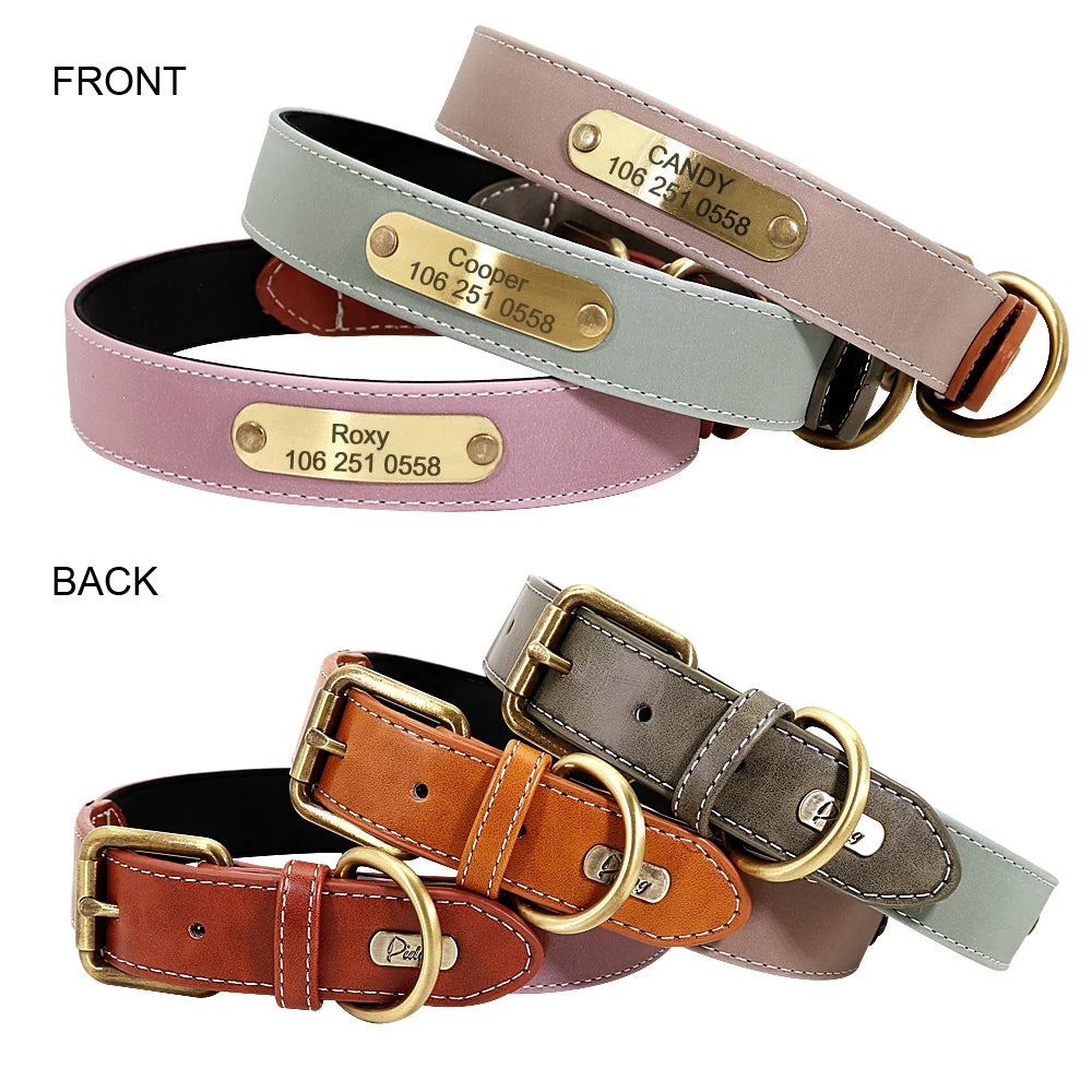 Engraved Dog Cat Collar Reflective Leather Puppy Collar Custom Dog Cats Collars Personalized for Small Medium Large Dog Bulldog