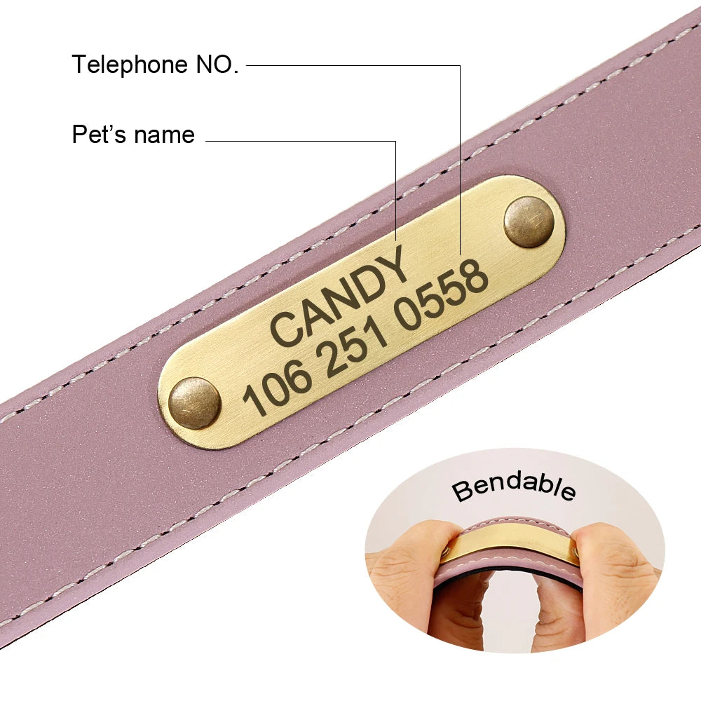 Engraved Dog Cat Collar Reflective Leather Puppy Collar Custom Dog Cats Collars Personalized for Small Medium Large Dog Bulldog