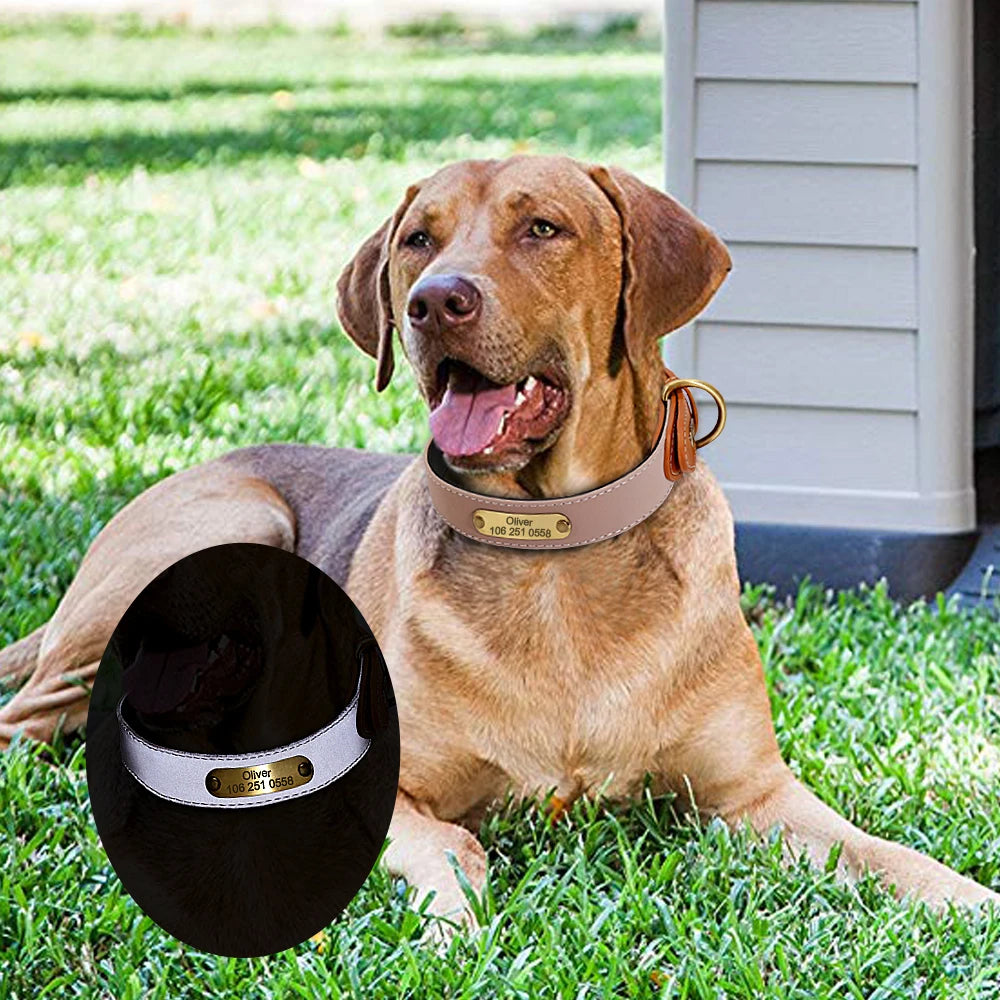 Engraved Dog Cat Collar Reflective Leather Puppy Collar Custom Dog Cats Collars Personalized for Small Medium Large Dog Bulldog