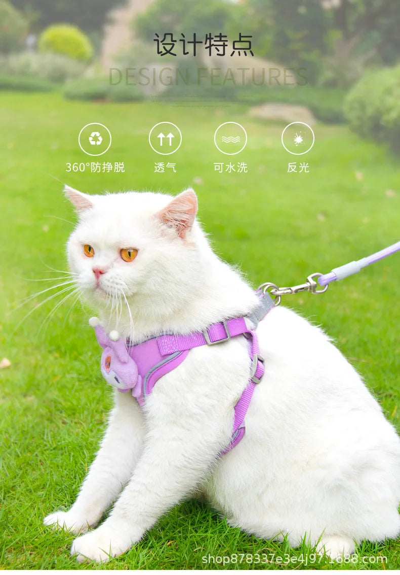 Miniso Kawaii Reflective Luminous Harness Hello Kitty Cartoon Pet Leash Kuromi Cute Prevent Breaking Away Vest Fashion New Style