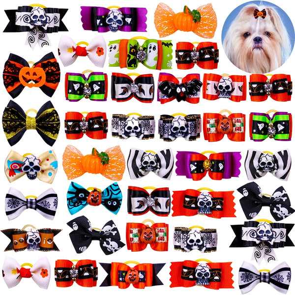 10PCS Dog Bows Halloween Party Puppy Bows With Rubber Bands Pet Bowknots For Dogs Pet Dog Grooming Accessories Pet Supplies