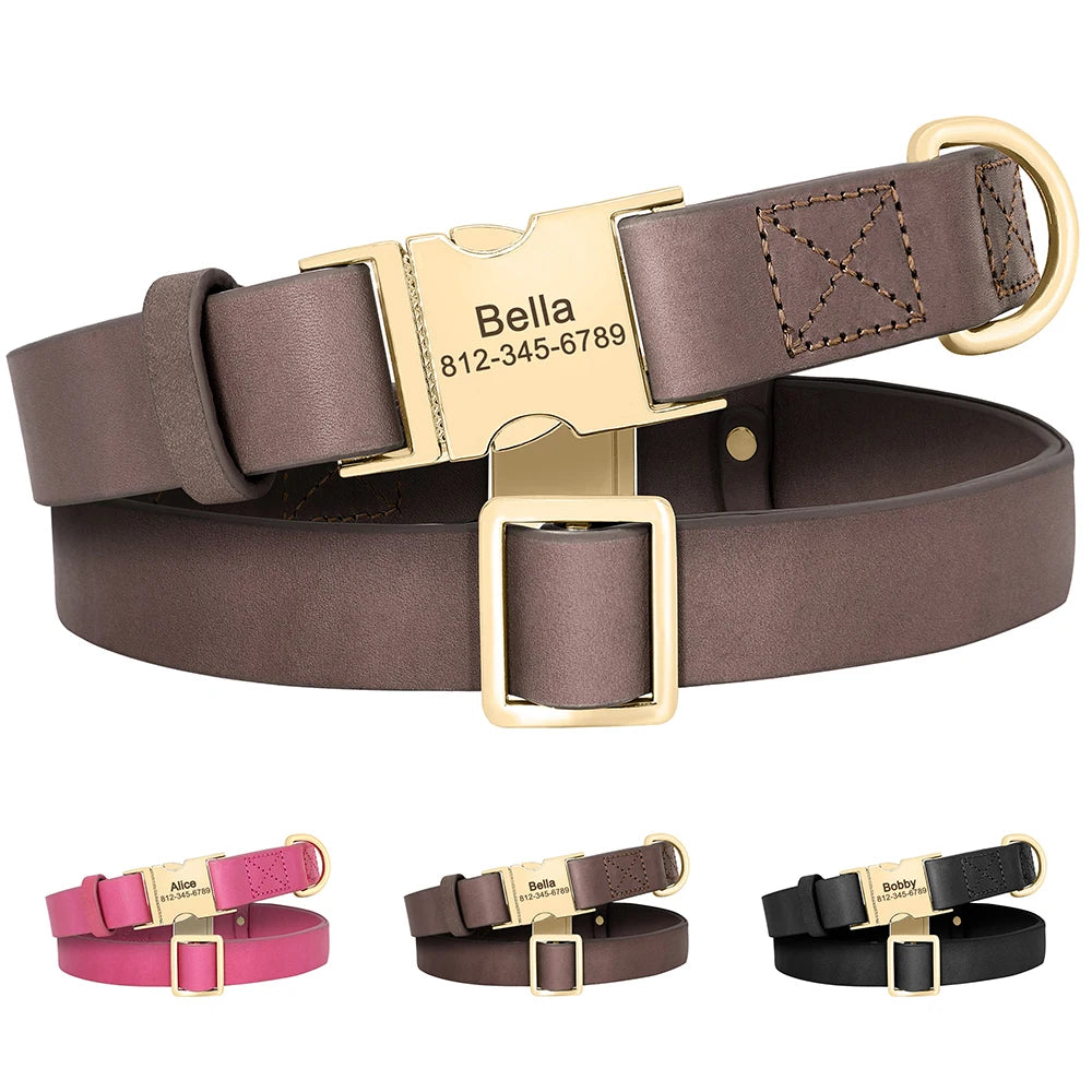 Personalized Leather Dog ID Collar Customized Genuine Leather Dogs Collars Pet Buckle Collar for Small Medium Large Dogs Pitbull