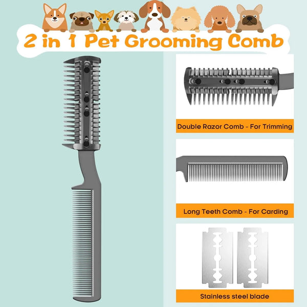 2-in-1 Pet Grooming Razor Comb Plastic With 1PC Metal Blade Hair Trimmer For Dog Cat Trimming Grooming Safe Razor Comb Supplies