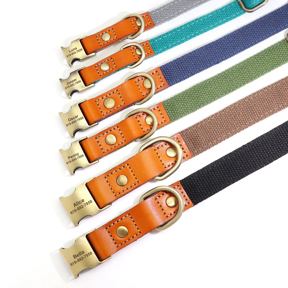 Personalized Nylon Dog Collar Leather Dogs Collars Free Engraved Pet ID Name Buckle Necklace Anti-lost For Small Large Dogs Pug