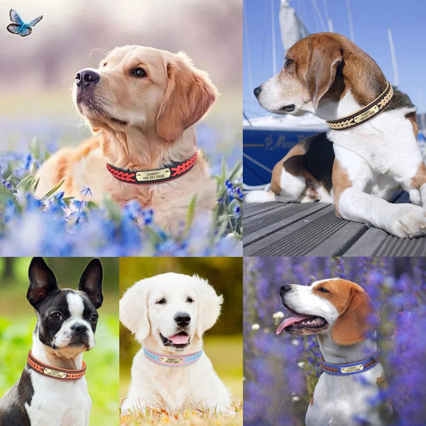 Personalized Dog ID Collar PU Leather Dog Collars Anti-lost ID Tag Free Engraving Nameplate For Small Medium Large Dogs Pitbull