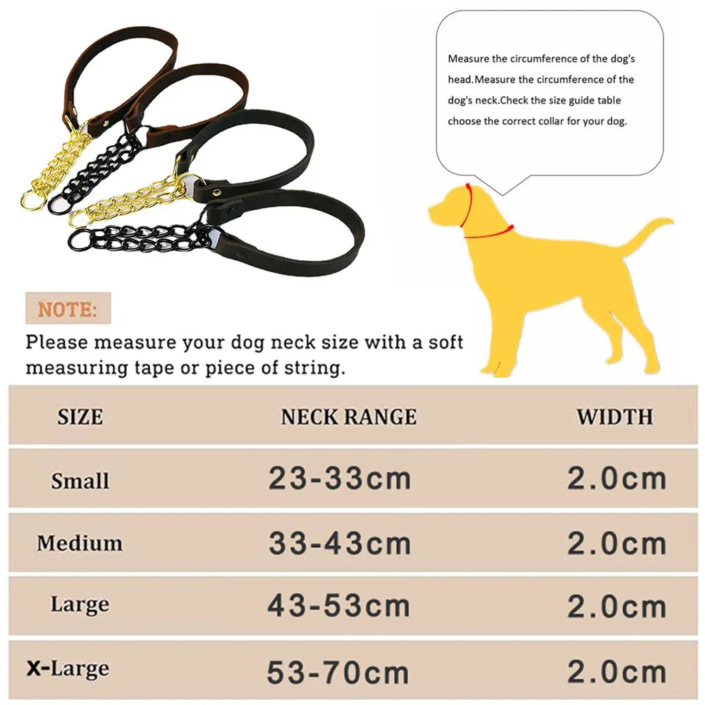 Heavy Duty Genuine Leather Dog Collar with Martingale Metal Chain No Pull Dog Training Collar Leather Martingale Collar for Dogs
