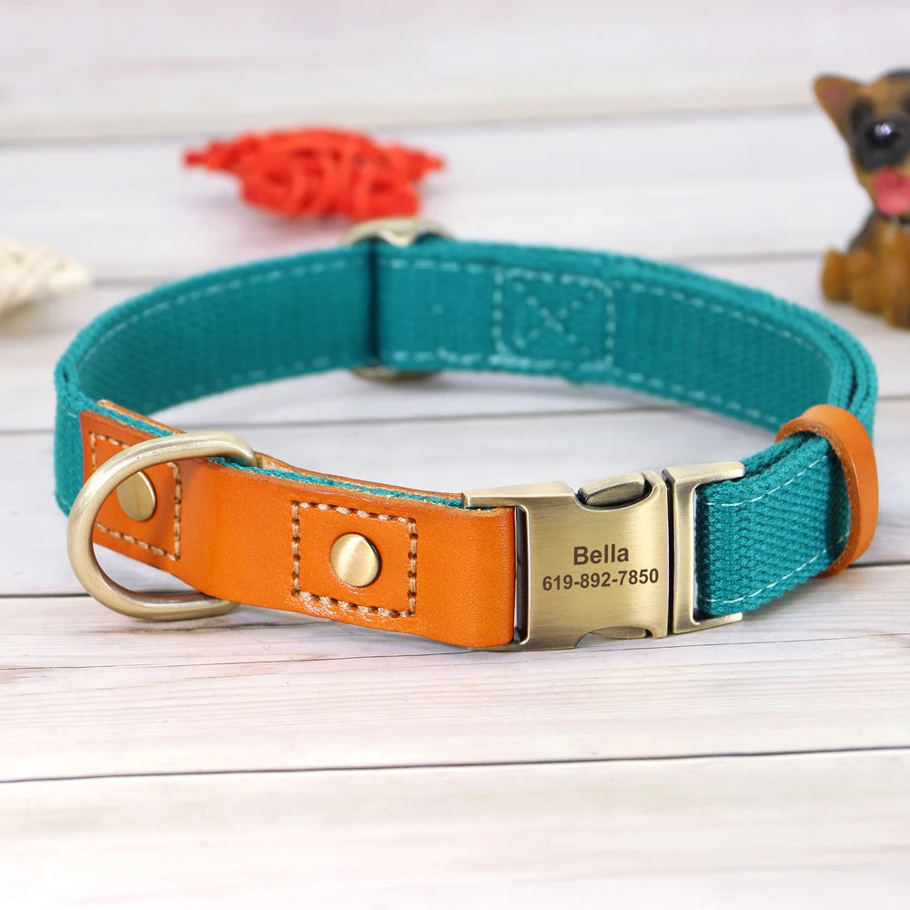 Personalized Nylon Dog Collar Leather Dogs Collars Free Engraved Pet ID Name Buckle Necklace Anti-lost For Small Large Dogs Pug