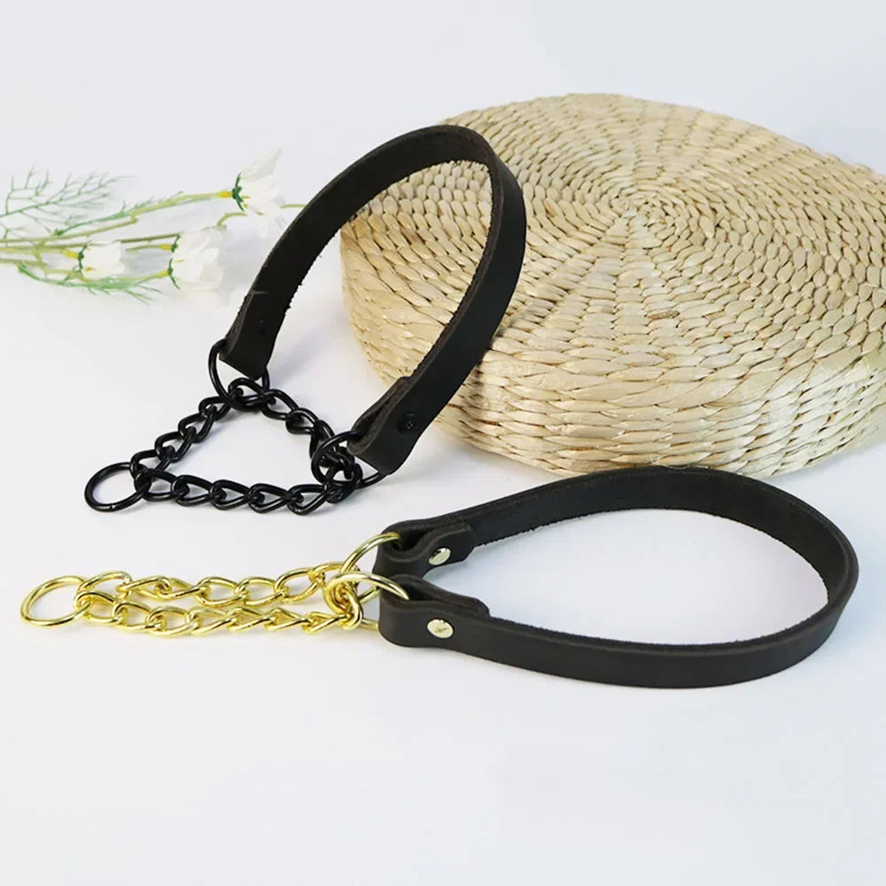 Heavy Duty Genuine Leather Dog Collar with Martingale Metal Chain No Pull Dog Training Collar Leather Martingale Collar for Dogs