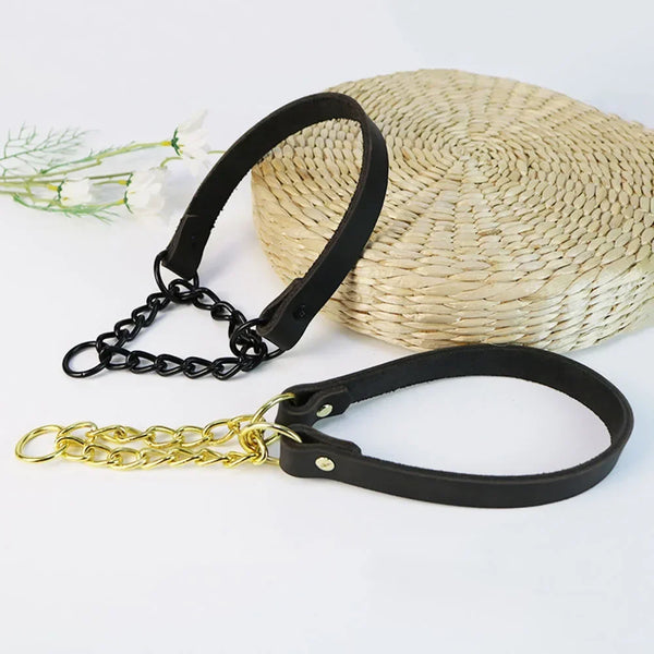 Heavy Duty Genuine Leather Dog Collar with Martingale Metal Chain No Pull Dog Training Collar Leather Martingale Collar for Dogs