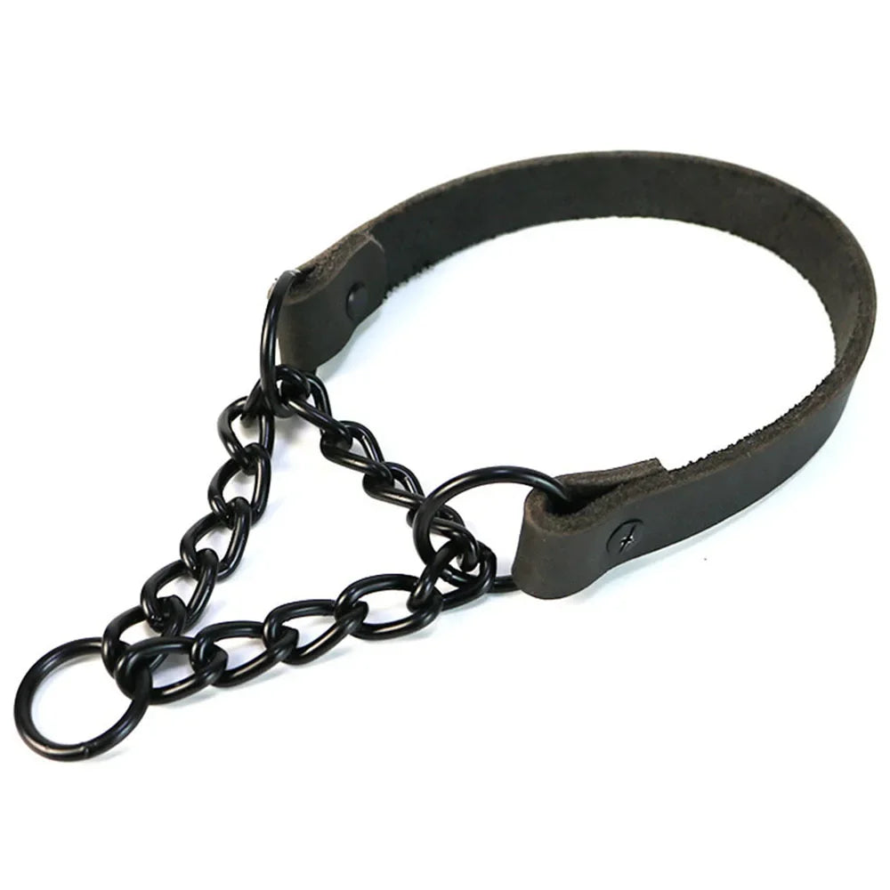 Heavy Duty Genuine Leather Dog Collar with Martingale Metal Chain No Pull Dog Training Collar Leather Martingale Collar for Dogs