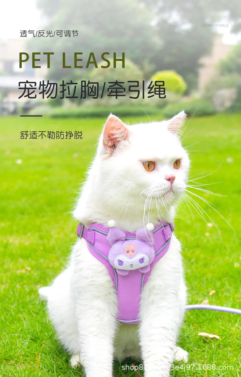 Miniso Kawaii Reflective Luminous Harness Hello Kitty Cartoon Pet Leash Kuromi Cute Prevent Breaking Away Vest Fashion New Style
