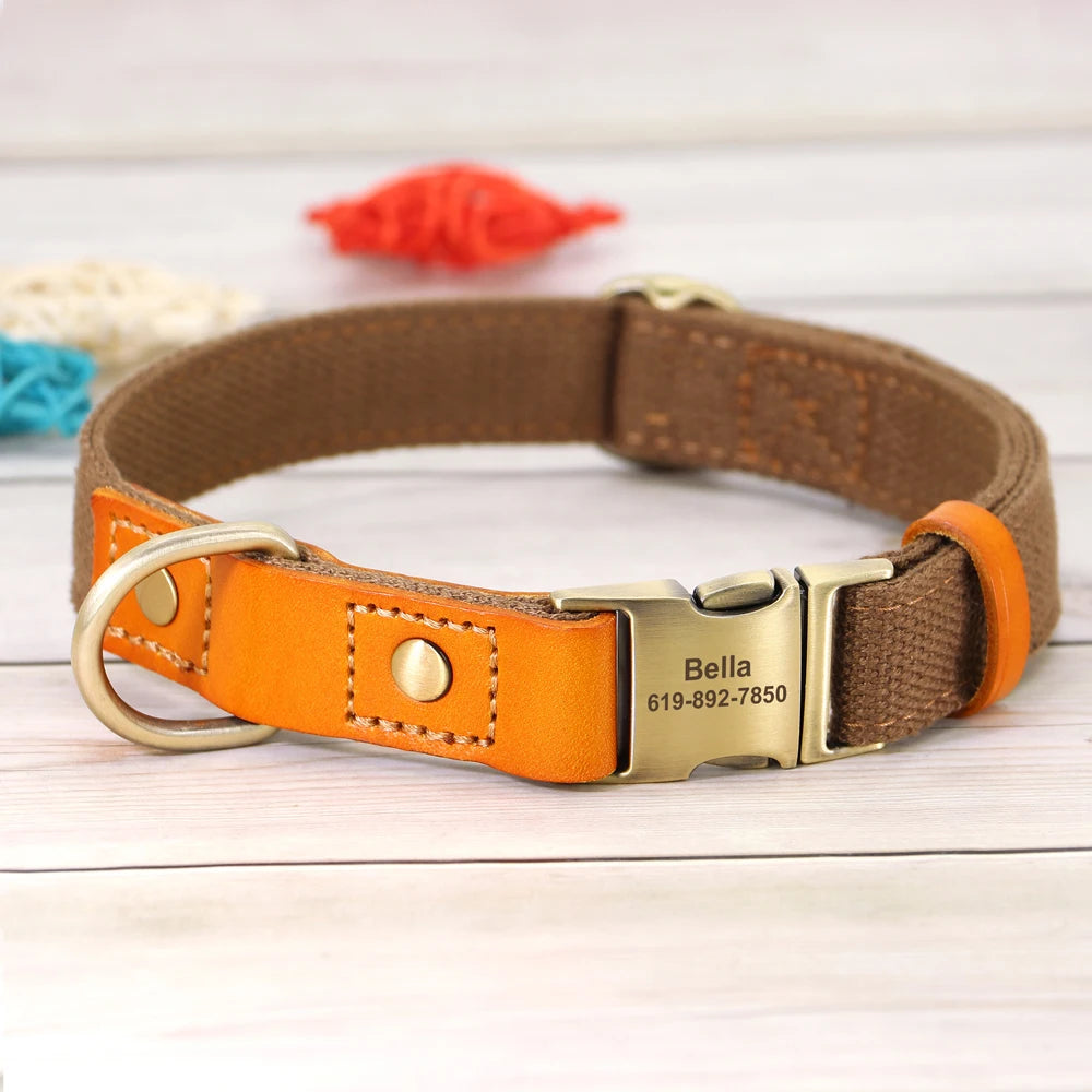 Personalized Nylon Dog Collar Leather Dogs Collars Free Engraved Pet ID Name Buckle Necklace Anti-lost For Small Large Dogs Pug