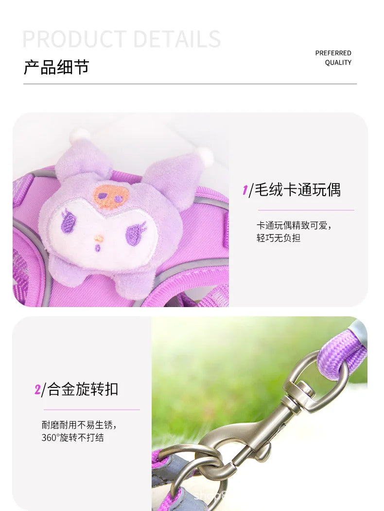 Miniso Kawaii Reflective Luminous Harness Hello Kitty Cartoon Pet Leash Kuromi Cute Prevent Breaking Away Vest Fashion New Style