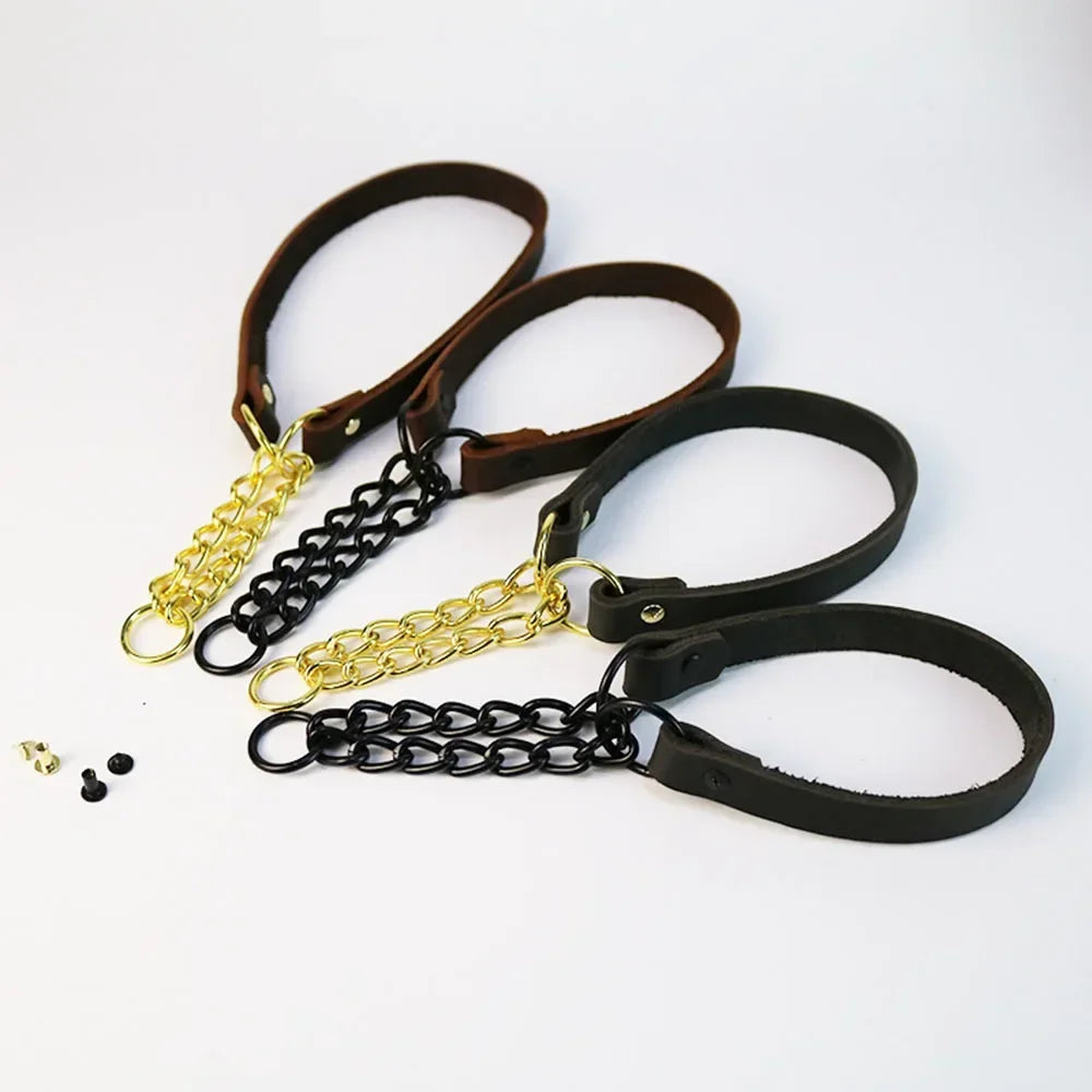 Heavy Duty Genuine Leather Dog Collar with Martingale Metal Chain No Pull Dog Training Collar Leather Martingale Collar for Dogs