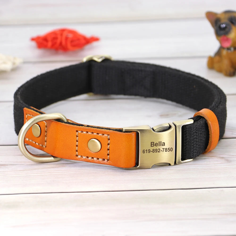 Personalized Nylon Dog Collar Leather Dogs Collars Free Engraved Pet ID Name Buckle Necklace Anti-lost For Small Large Dogs Pug