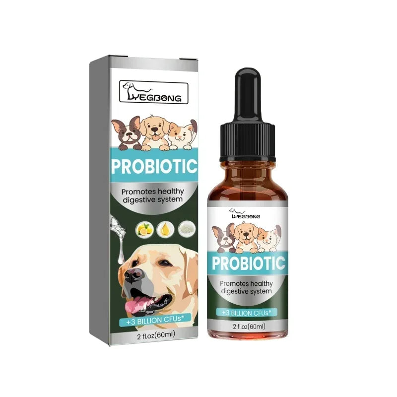 Pet probiotic drops relieve discomfort in cats, dogs, and bad breath. Pet care solution