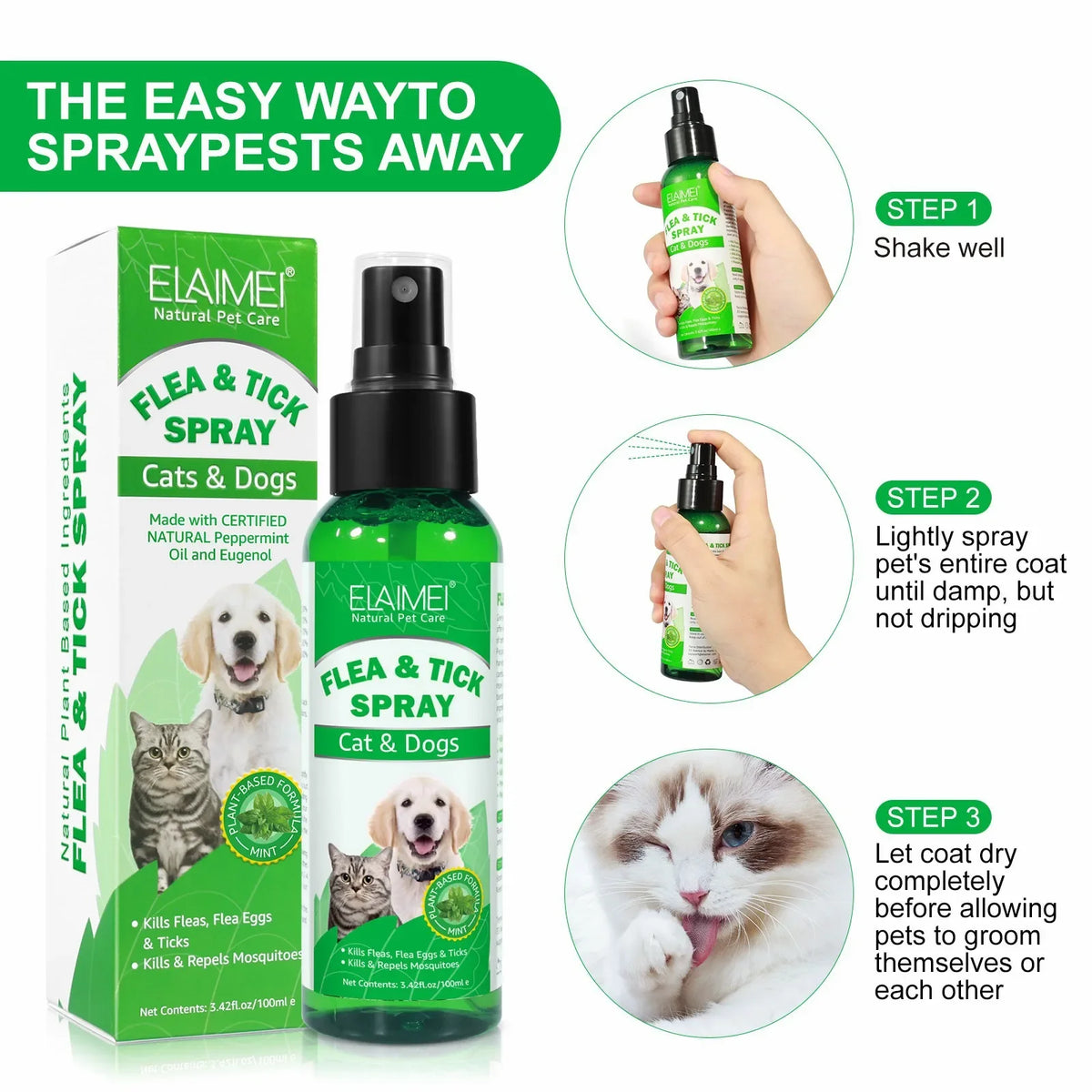 100ml Natural Pet Care Topical Flea&Tick Spray for Dogs&Cats with Fresh Fragrance Peppermint Oil and Eugenol