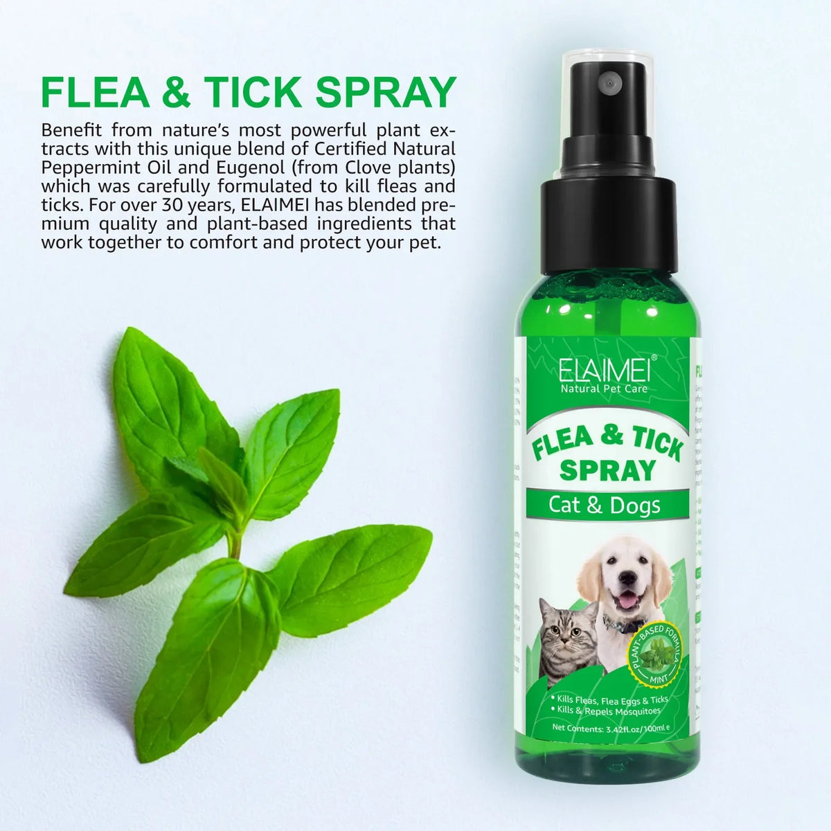 100ml Natural Pet Care Topical Flea&Tick Spray for Dogs&Cats with Fresh Fragrance Peppermint Oil and Eugenol