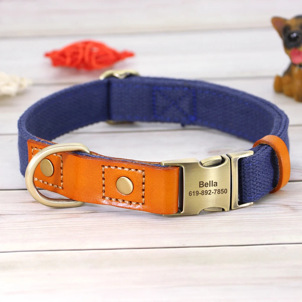 Personalized Nylon Dog Collar Leather Dogs Collars Free Engraved Pet ID Name Buckle Necklace Anti-lost For Small Large Dogs Pug
