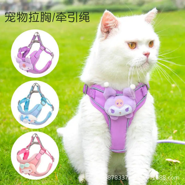 Miniso Kawaii Reflective Luminous Harness Hello Kitty Cartoon Pet Leash Kuromi Cute Prevent Breaking Away Vest Fashion New Style