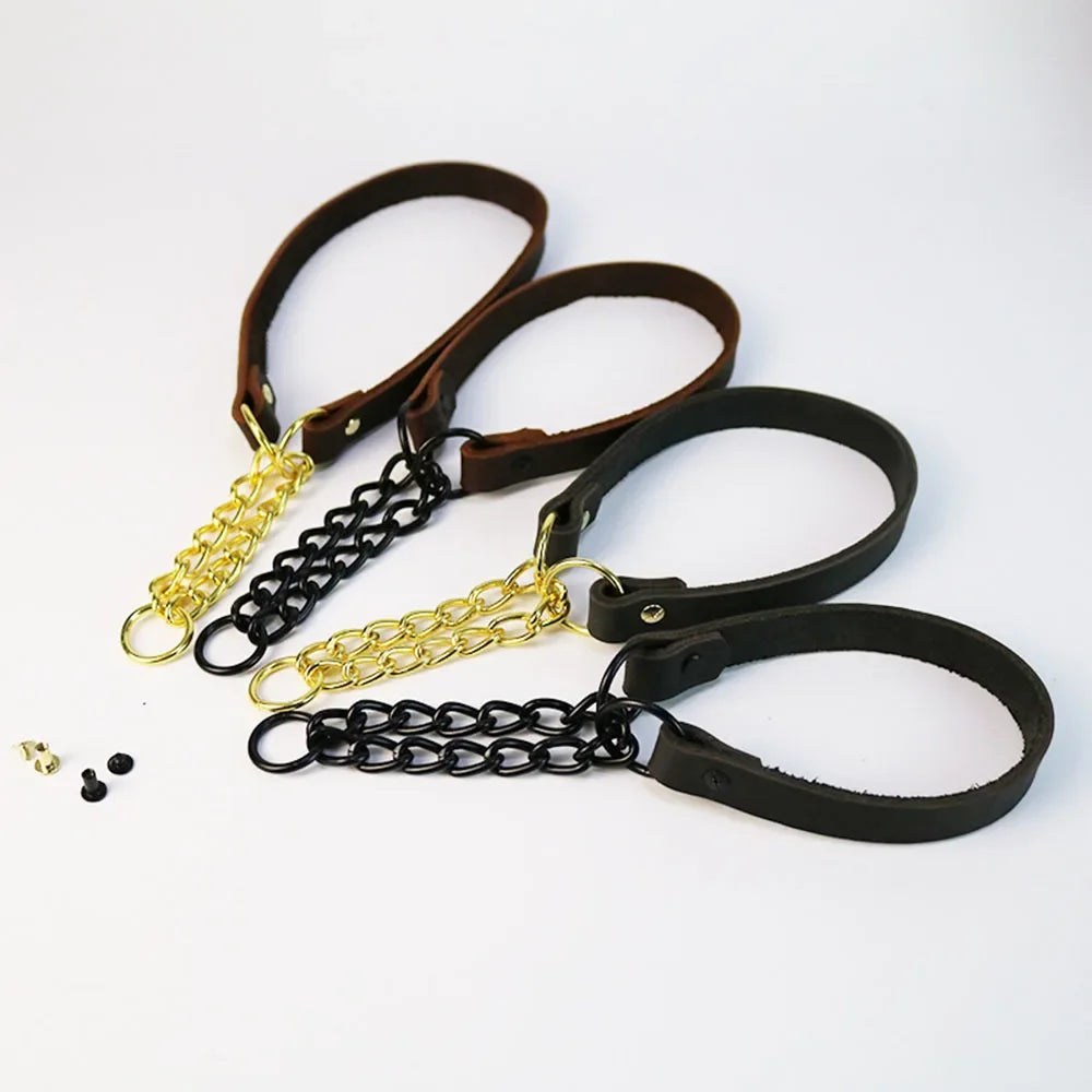 Heavy Duty Genuine Leather Dog Collar with Martingale Metal Chain No Pull Dog Training Collar Leather Martingale Collar for Dogs
