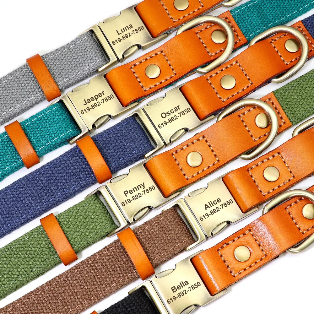 Personalized Nylon Dog Collar Leather Dogs Collars Free Engraved Pet ID Name Buckle Necklace Anti-lost For Small Large Dogs Pug