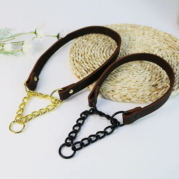Heavy Duty Genuine Leather Dog Collar with Martingale Metal Chain No Pull Dog Training Collar Leather Martingale Collar for Dogs