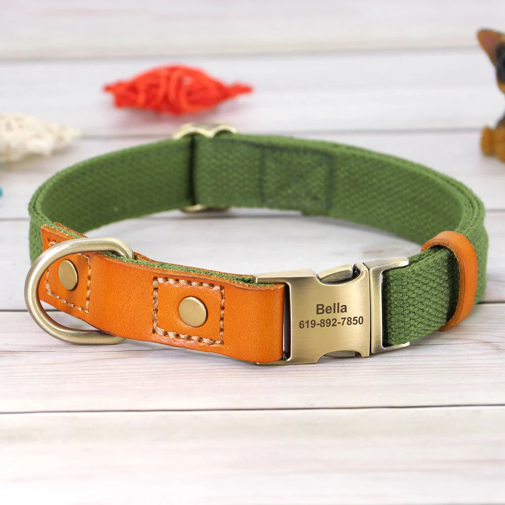 Personalized Nylon Dog Collar Leather Dogs Collars Free Engraved Pet ID Name Buckle Necklace Anti-lost For Small Large Dogs Pug