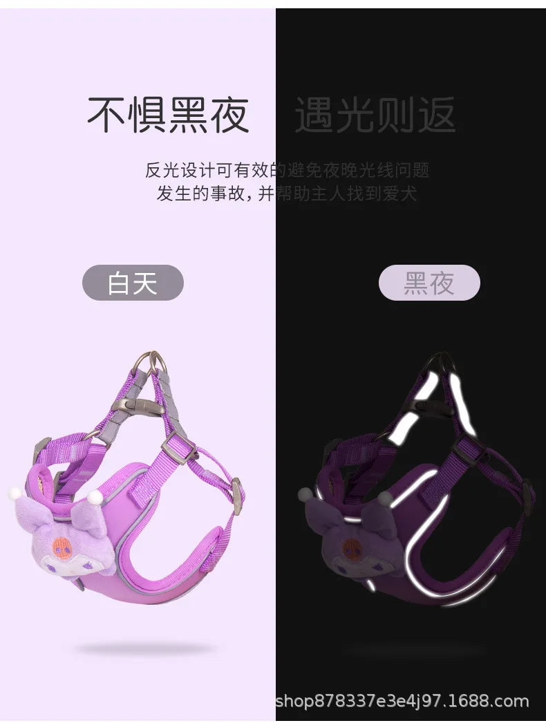 Miniso Kawaii Reflective Luminous Harness Hello Kitty Cartoon Pet Leash Kuromi Cute Prevent Breaking Away Vest Fashion New Style