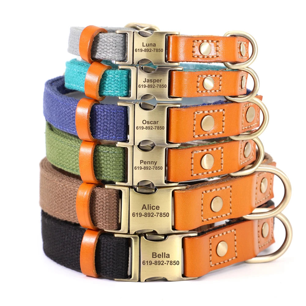 Personalized Nylon Dog Collar Leather Dogs Collars Free Engraved Pet ID Name Buckle Necklace Anti-lost For Small Large Dogs Pug