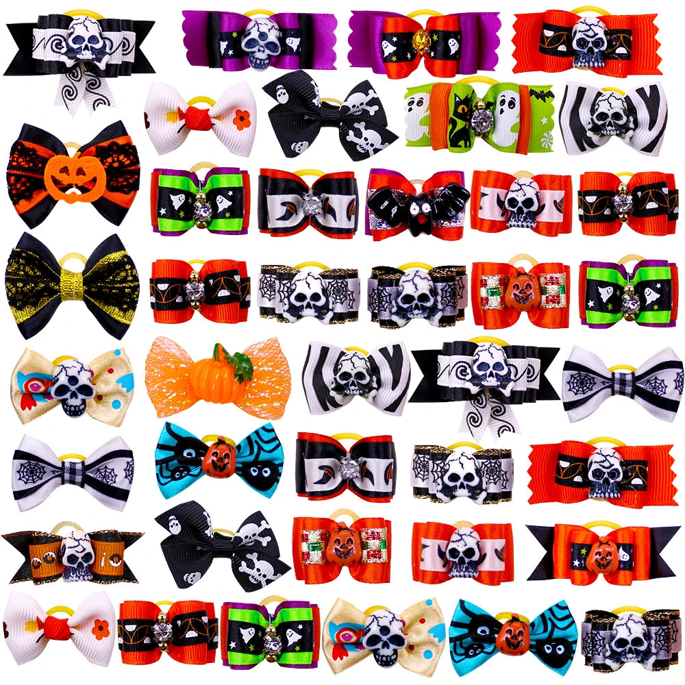 10PCS Dog Bows Halloween Party Puppy Bows With Rubber Bands Pet Bowknots For Dogs Pet Dog Grooming Accessories Pet Supplies