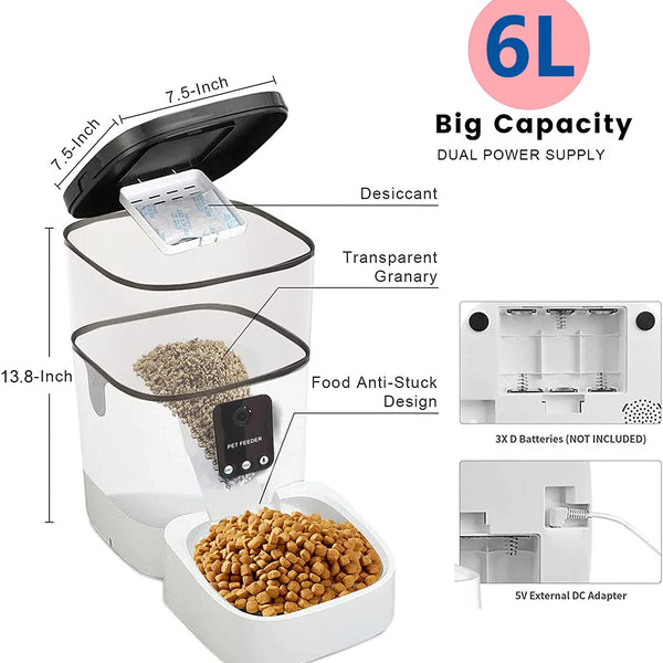 Pet Feeder,6L Automatic Pet Feeder for Cats and Dogs,1080P Camera,App Control,Voice Recorder,Timed Feeder for Schedule Feeding, Dual Power Supply,Wifi Pet Food Dispenser with App Control