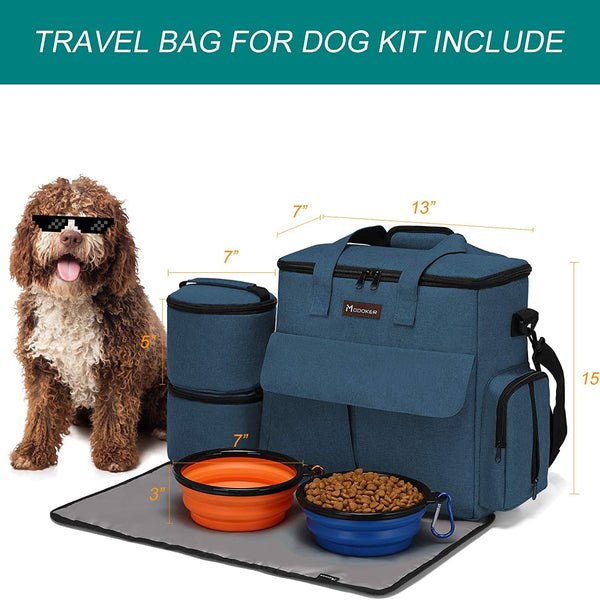 Dog Travel Bag, Weekend Pet Travel Set for Dog and Cat, Airline Approved Tote Organizer with Multi-Function Pockets, 2 Food Storage Containers, 2 Collapsible Bowls, 1 Feeding Mat (Blue)